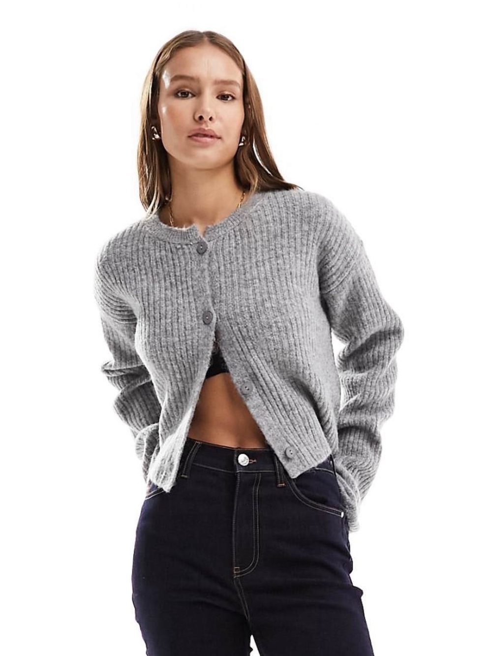 Cropped Ribbed Button-Front Cardigan Sweater - Gray - Picture 1 of 3